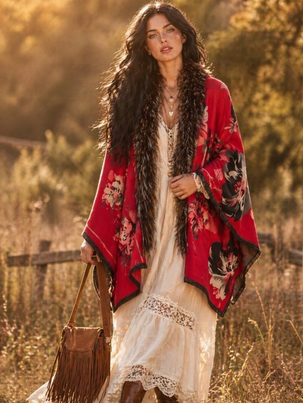 Anthroplogie Bold Floral Faux Fur Reversible In Cape/Wrap Red 70"x25 NIP$160